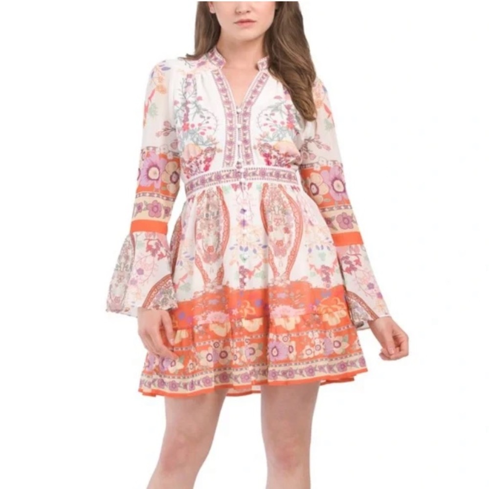 Dalia MacPhee Floral Print Bell Sleeve Dress Button Front Orange Cream Large
